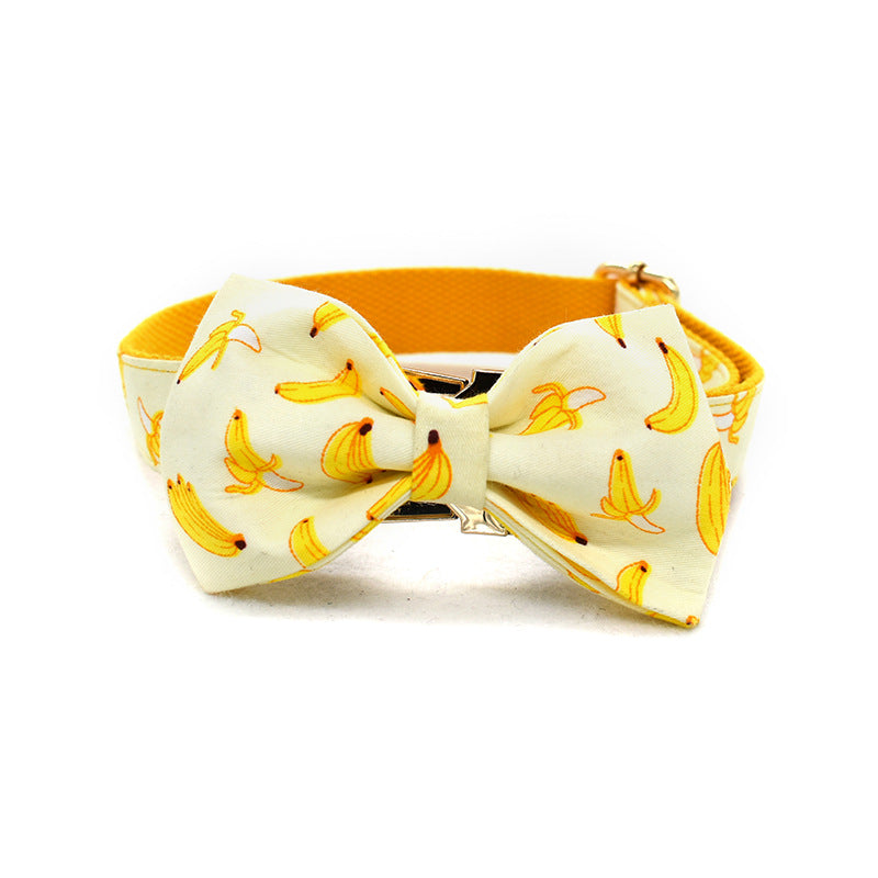 Yellow Banana Dog Traction Rope featuring a playful banana print bow tie design.