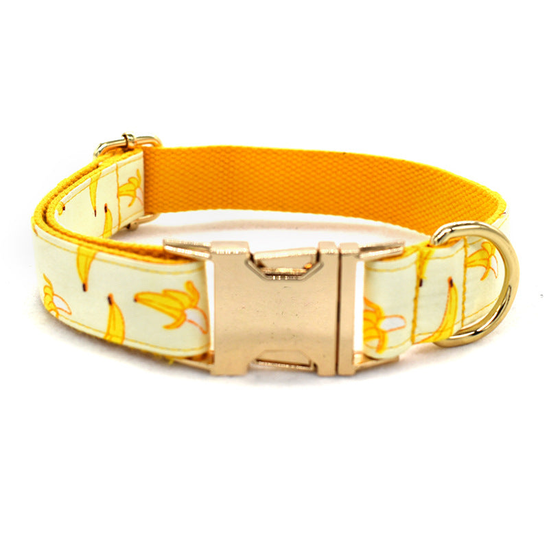 Yellow Banana Dog Traction Rope with banana print and gold buckle, perfect for training and walking dogs.