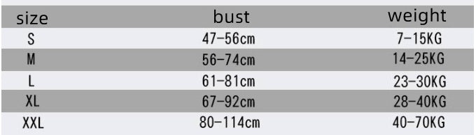 Size chart for Dog Walking Chain Leash Medium And Large Dog, showing bust and weight measurements for sizes S to XXL.
