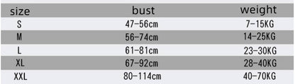 Size chart for Dog Walking Chain Leash Medium And Large Dog, showing bust and weight measurements for sizes S to XXL.