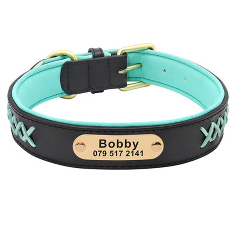 Collar Large And Medium Dog Lettering Anti-lost in black and turquoise with personalized tag.