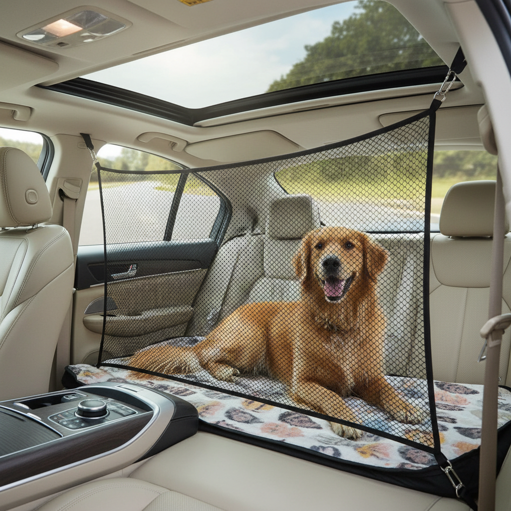 PawZap pet car net partition keeping a dog safely in the rear seat